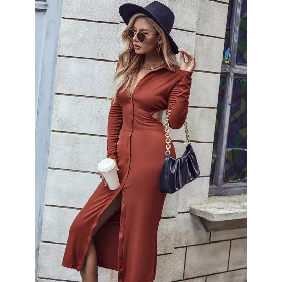 Long Sleeves Buckle Solid Color V-Neck Dress