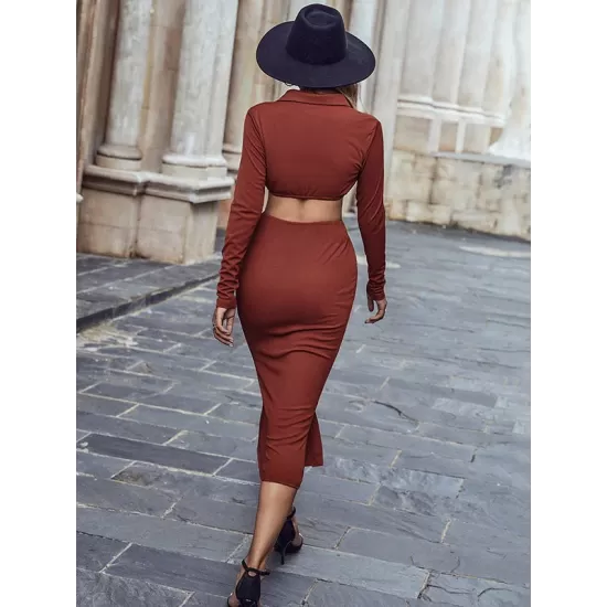 Long Sleeves Buckle Solid Color V-Neck Dress