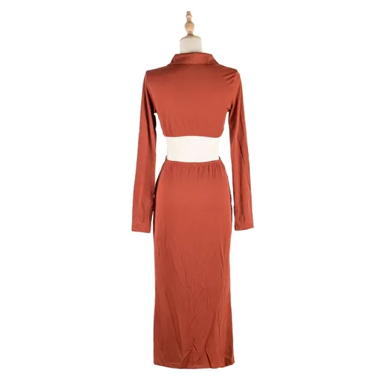 Long Sleeves Buckle Solid Color V-Neck Dress