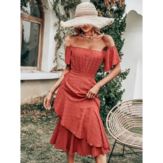 Vacation Irregularity Solid Color One-Shoulder Dress