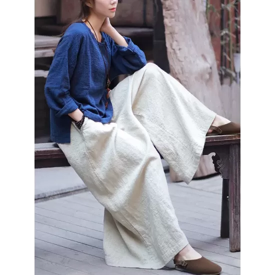 Artistic Retro Wide Leg Loose Elasticity Solid Color Casual Pants Bottoms