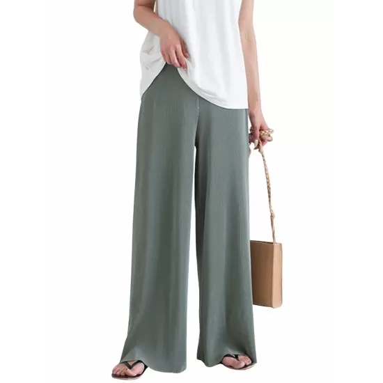 Simple Loose Wide Leg Elasticity Solid Color Casual Pants Bottoms