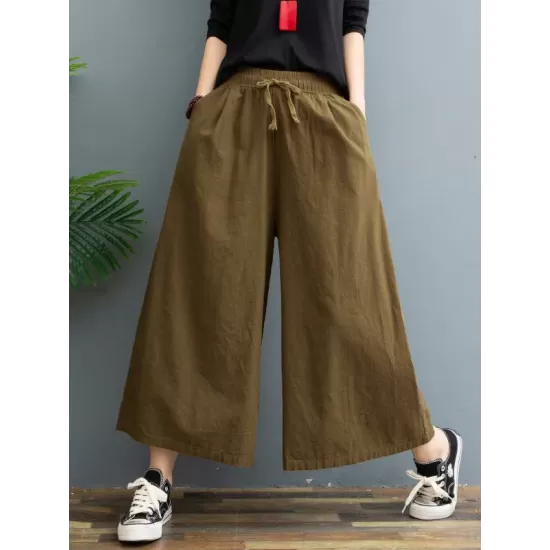 Simple Wide Leg Loose Drawstring Solid Color Casual Pants Bottoms