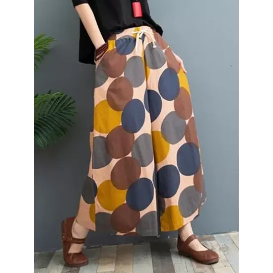 Vintage Wide Leg Loose Contrast Color Printed Polka-Dot Casual Pants Bottoms