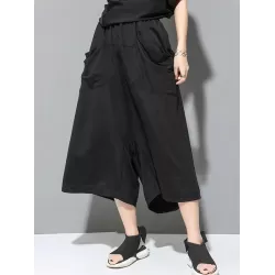 Simple Loose Wide Leg Solid Color Casual Three-Quarter Pants Bottoms