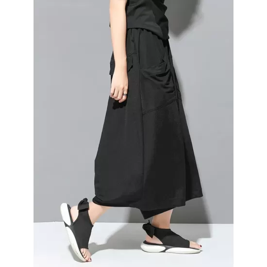 Simple Loose Wide Leg Solid Color Casual Three-Quarter Pants Bottoms