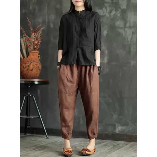 Loose Elastic Waist Ramie Cotton Pants