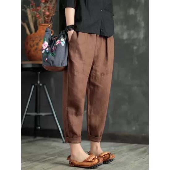 Loose Elastic Waist Ramie Cotton Pants