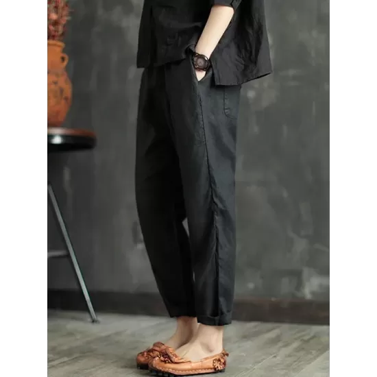 Loose Elastic Waist Ramie Cotton Pants