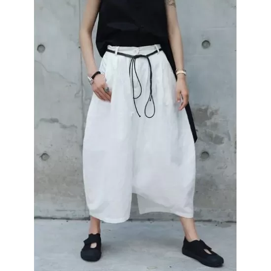 Loose White Linen Split-side Harem Pants