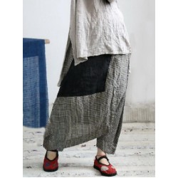 Vintage Plaid Split-joint Cropped Linen Pants