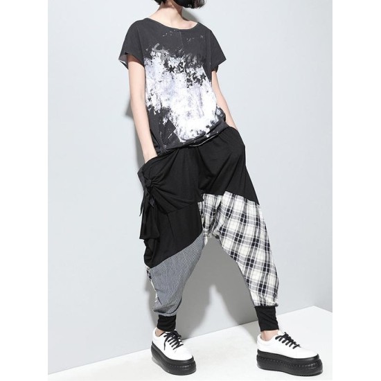 Loose Plaid Split-joint Harem Pants