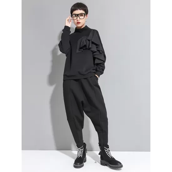 Stylish Black Velvet Split-Joint Harem Pants