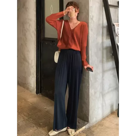 Pleated Solid Color Comfortable Casual Loose Wide-Leg Pants