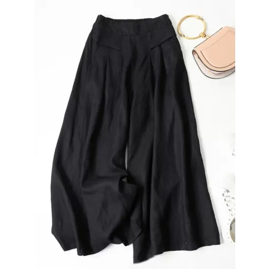 Solid Color Ramie Cotton Plus Size Loose Ninth Wide-Leg Pants