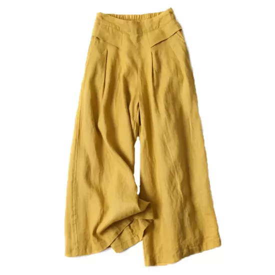 Solid Color Ramie Cotton Plus Size Loose Ninth Wide-Leg Pants