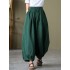 Simple Loose Linen Solid Color Pleated Drawstring Wide Legs Knickerbockers