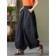 Simple Loose Linen Solid Color Pleated Drawstring Wide Legs Knickerbockers