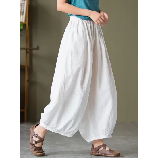 Simple Loose Linen Solid Color Pleated Drawstring Wide Legs Knickerbockers