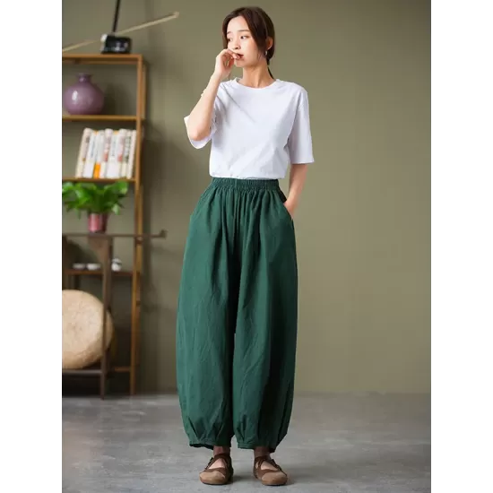 Simple Loose Linen Solid Color Pleated Drawstring Wide Legs Knickerbockers