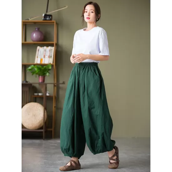 Simple Loose Linen Solid Color Pleated Drawstring Wide Legs Knickerbockers