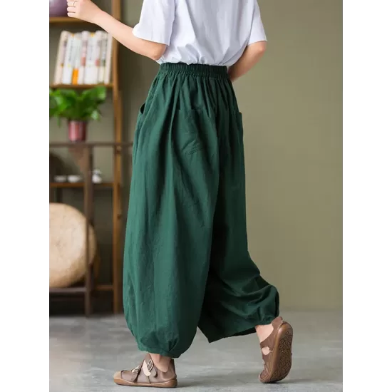 Simple Loose Linen Solid Color Pleated Drawstring Wide Legs Knickerbockers