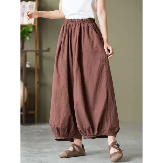 Simple Loose Linen Solid Color Pleated Drawstring Wide Legs Knickerbockers