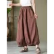 Simple Loose Linen Solid Color Pleated Drawstring Wide Legs Knickerbockers