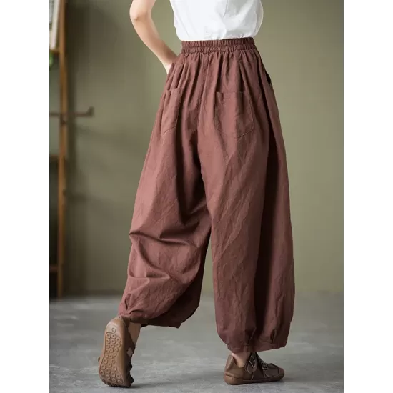 Simple Loose Linen Solid Color Pleated Drawstring Wide Legs Knickerbockers