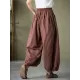 Simple Loose Linen Solid Color Pleated Drawstring Wide Legs Knickerbockers