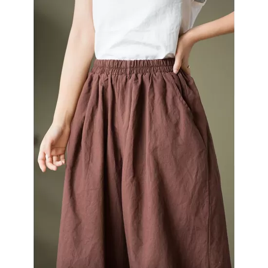 Simple Loose Linen Solid Color Pleated Drawstring Wide Legs Knickerbockers