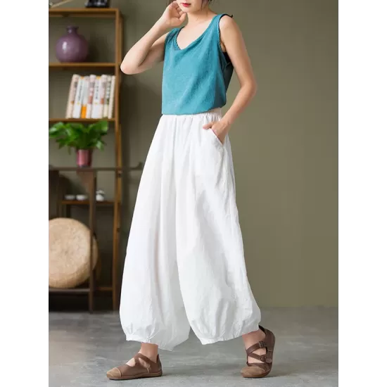 Simple Loose Linen Solid Color Pleated Drawstring Wide Legs Knickerbockers