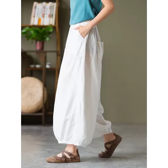 Simple Loose Linen Solid Color Pleated Drawstring Wide Legs Knickerbockers