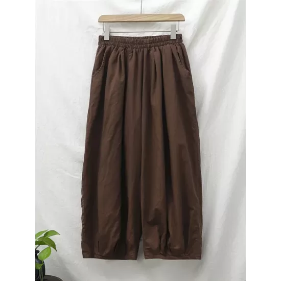 Simple Loose Linen Solid Color Pleated Drawstring Wide Legs Knickerbockers