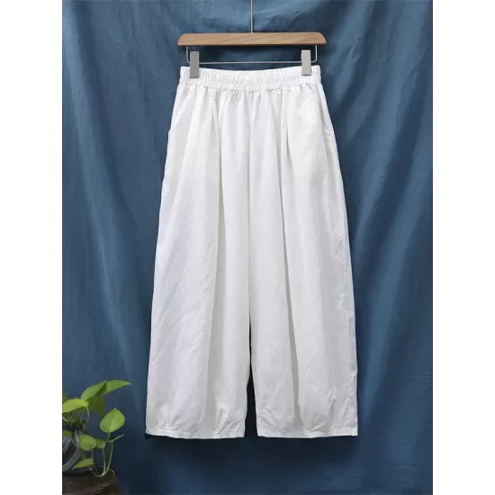 Simple Loose Linen Solid Color Pleated Drawstring Wide Legs Knickerbockers