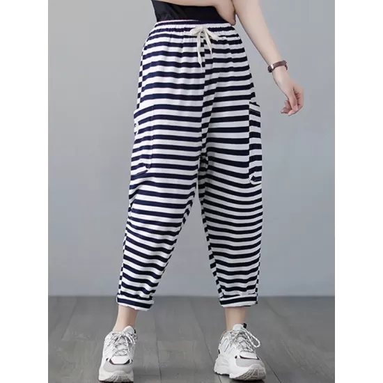 Loose Striped Drawstring Harem Sports Pants