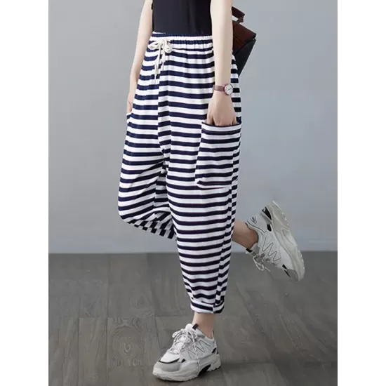 Loose Striped Drawstring Harem Sports Pants