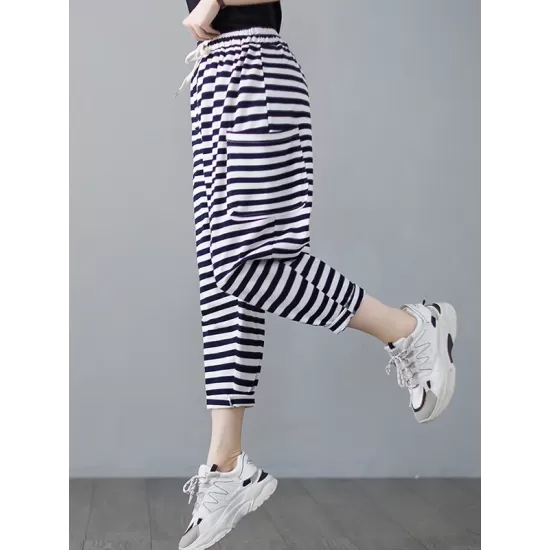 Loose Striped Drawstring Harem Sports Pants