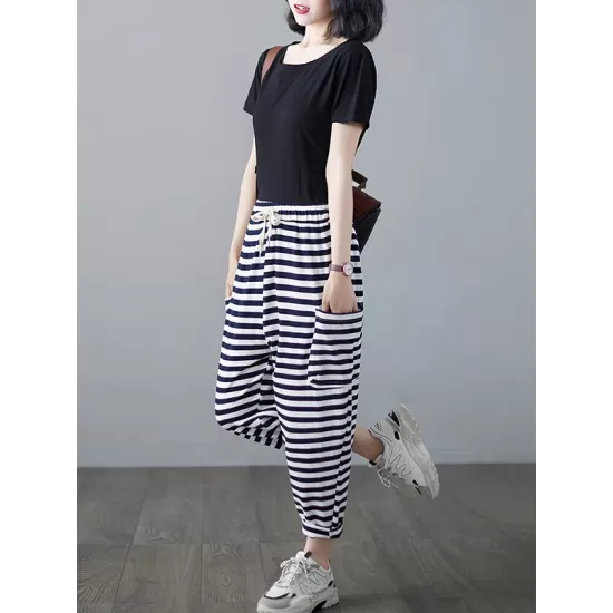 Loose Striped Drawstring Harem Sports Pants