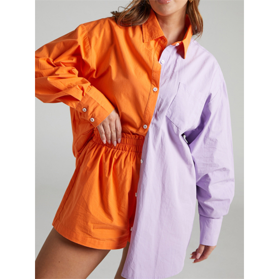 Original Loose Contrast Color Blouse&Elasticity Shorts 2 Pieces Set