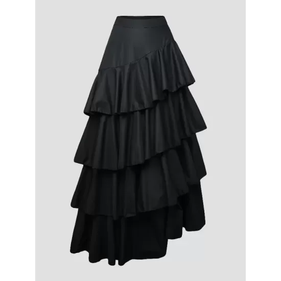 Stylish Selection A-Line High Waisted Falbala Solid Color Skirts Bottoms