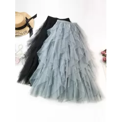 Solid Color Irregular Tiered Gauze Skirt