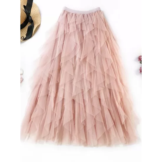 Solid Color Irregular Tiered Gauze Skirt