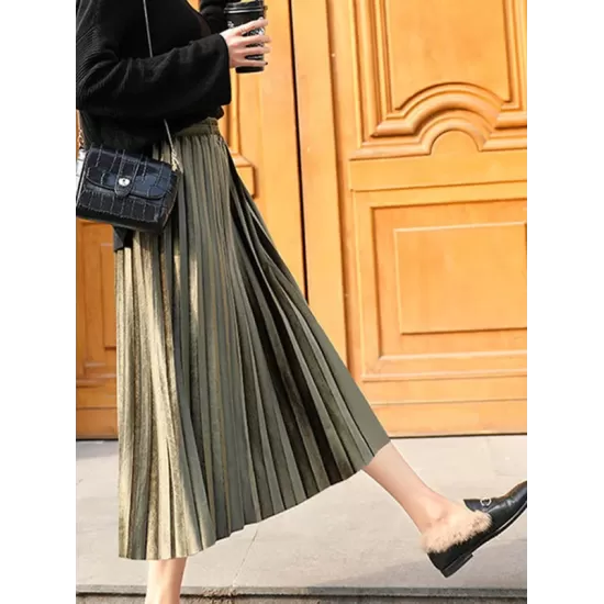 Solid Color High-Waist Pleated A-Line Skirt