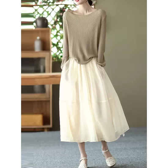 Simple Loose Solid Color Split-Joint Bubble Skirt