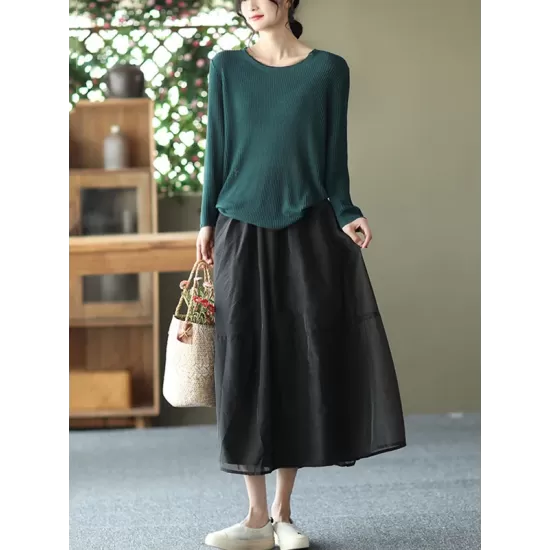 Simple Loose Solid Color Split-Joint Bubble Skirt