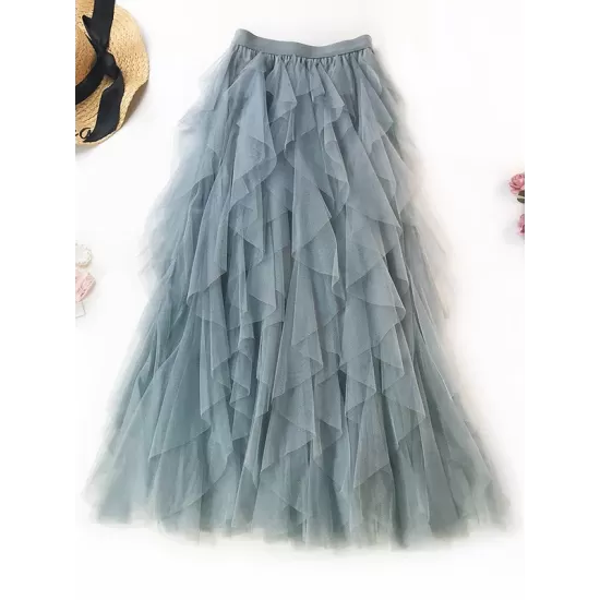 Solid Color Irregular Tiered Gauze Skirt