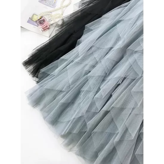 Solid Color Irregular Tiered Gauze Skirt