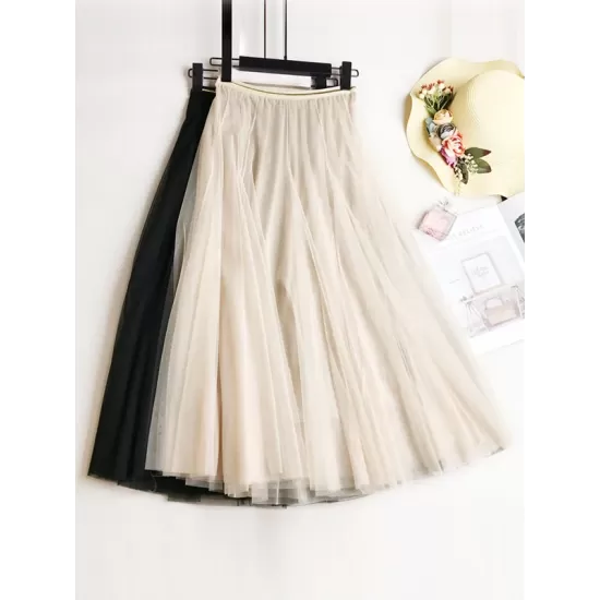 Solid Color Loose Elastic-Waist Mesh Skirt