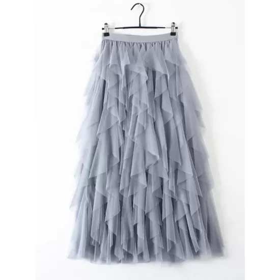 Original Irregular Mesh 4 Colors Falbala Pleated Elasticity Skirt